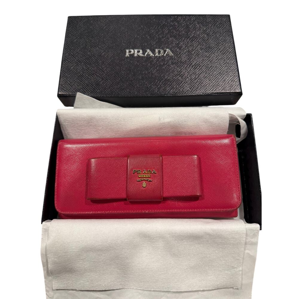 Prada Saffiano Fiocco Bow Wallet Fuchsia Pink Gold HW Continental Authentic